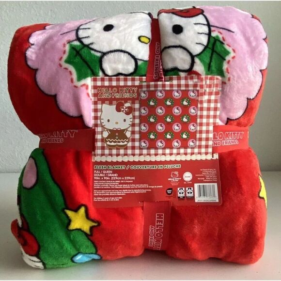 Hello Kitty Christmas Red Pink Bows Wreath FULL/QUEEN Blanket 90 X 90” Soft NEW - Picture 1 of 11